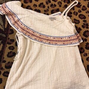 Lucky Brand one-shoulder ruffle embroidered white blouse top